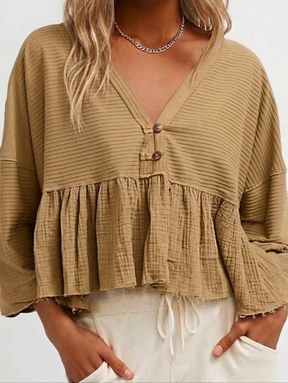 Free People Women's Dallas Crop Henley Top Oversized Boho Casual Sz Small